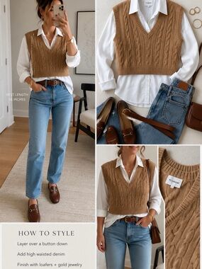 W.Cashmere Camel Cable-Knit V-Neck Sweater Vest 100% Cashmere L Preppy Old Money